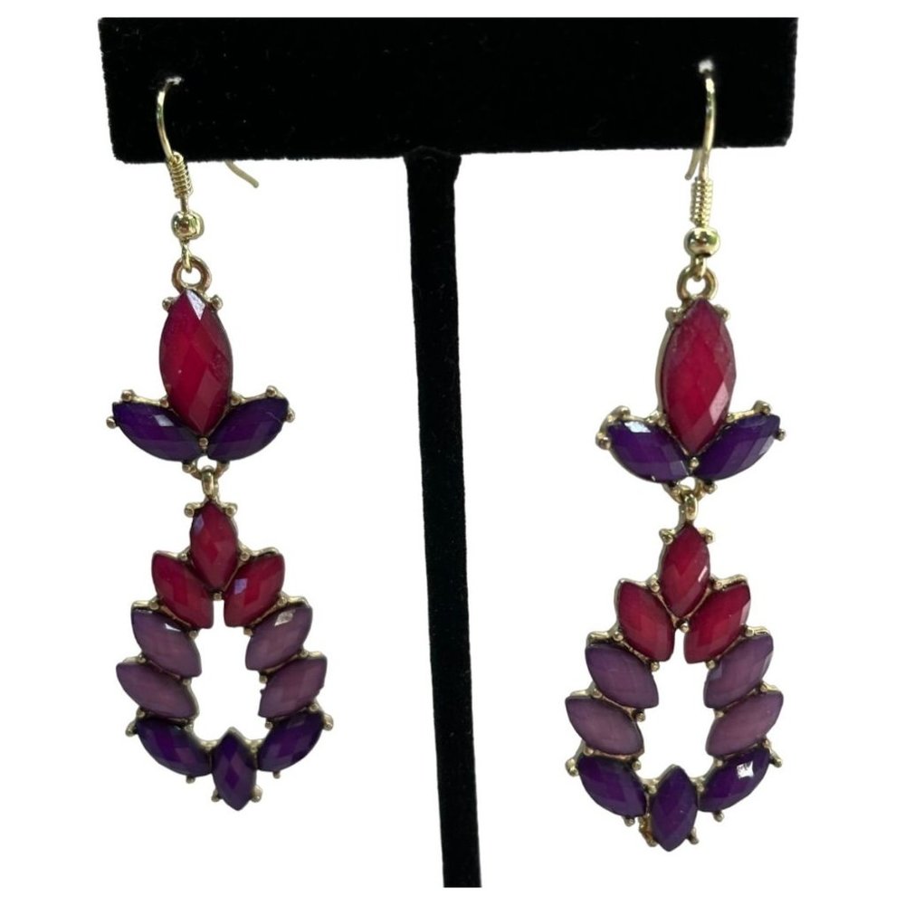 Vintage Dangle Beaded Earrings Gold Tone 2.25 Inch Purple Pink